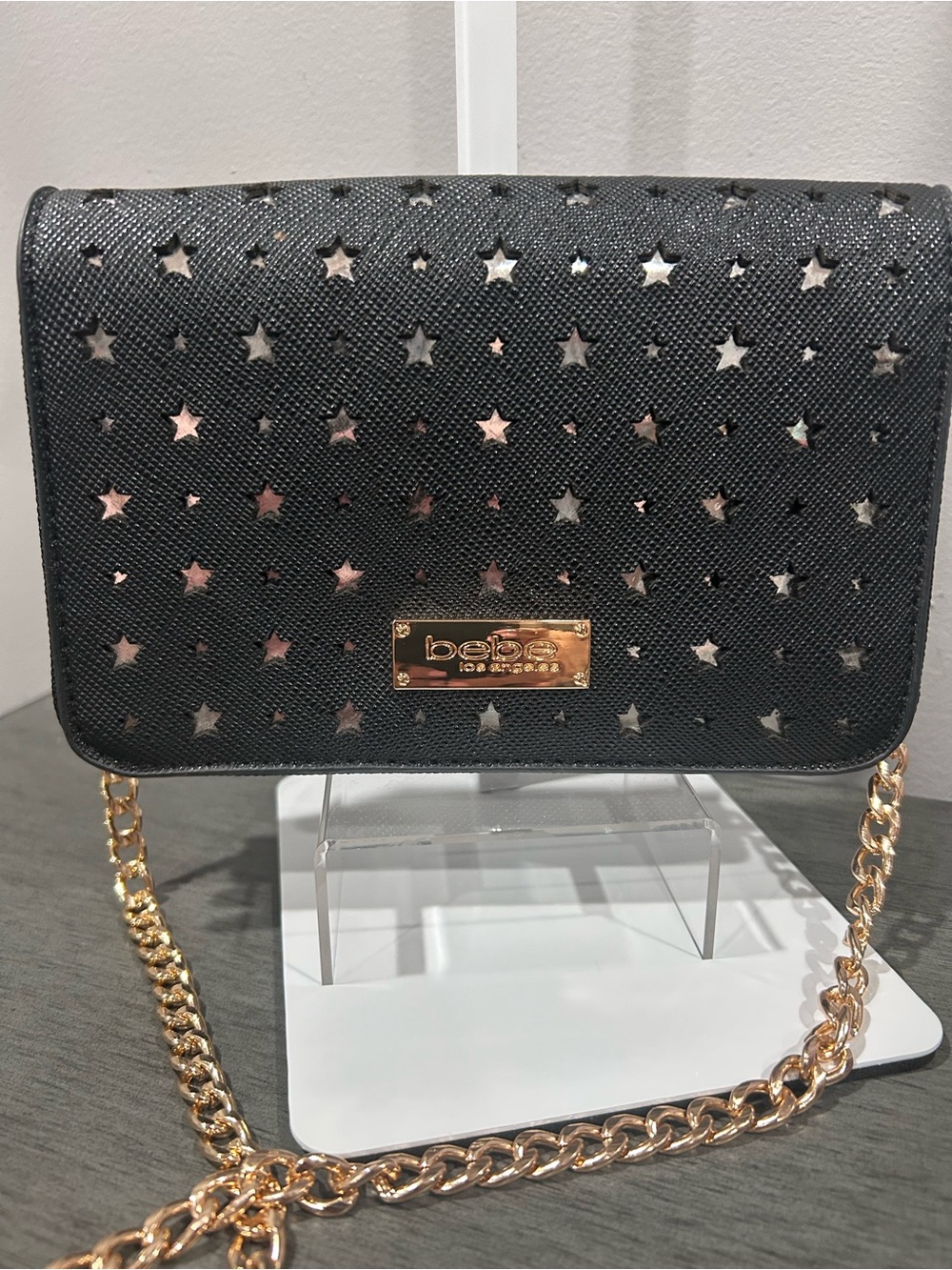 bebe Black Star Cutout Crossbody Bag with removable Gold Chain